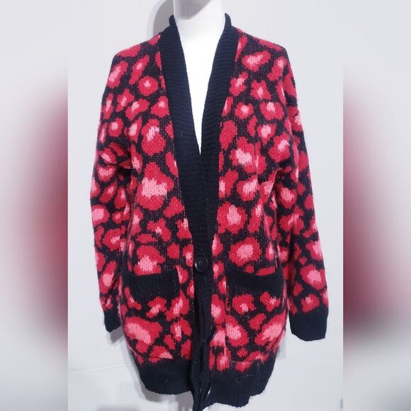 TOPSHOP Leopard Red and Black Print Cardigan Size 8 - Picture 2 of 8